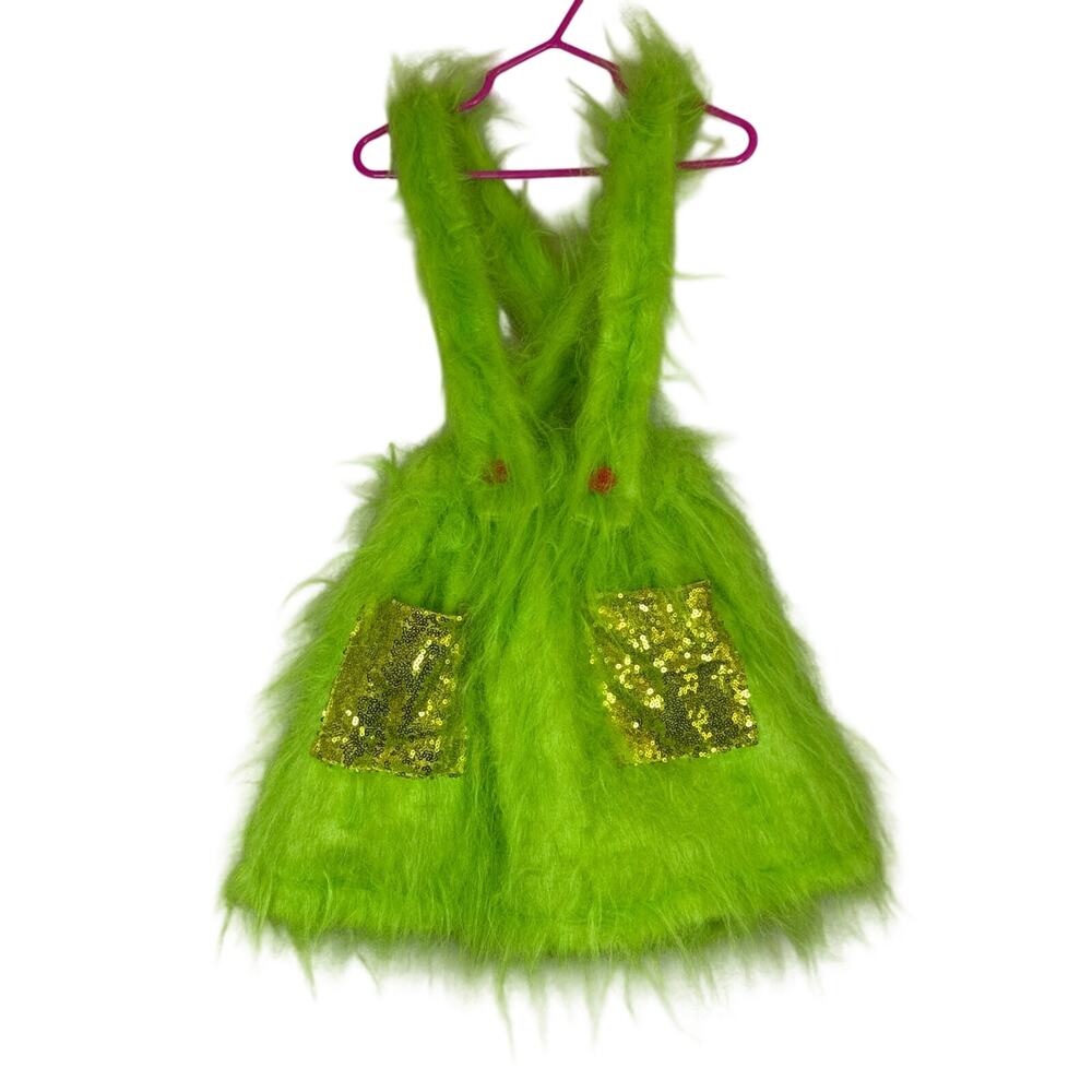 Grinch Fuzzy Costume Girls Overalls Dress Size 5-6 Years Sequins Gold Pockets